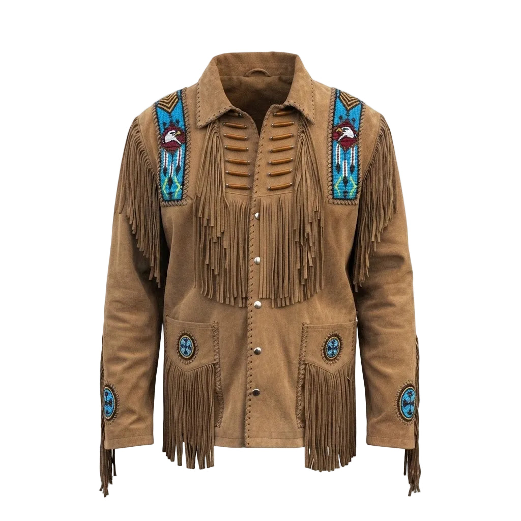 A brown suede fringed jacket with turquoise and red beaded shoulder panels and decorative button details, shown against a plain white background.