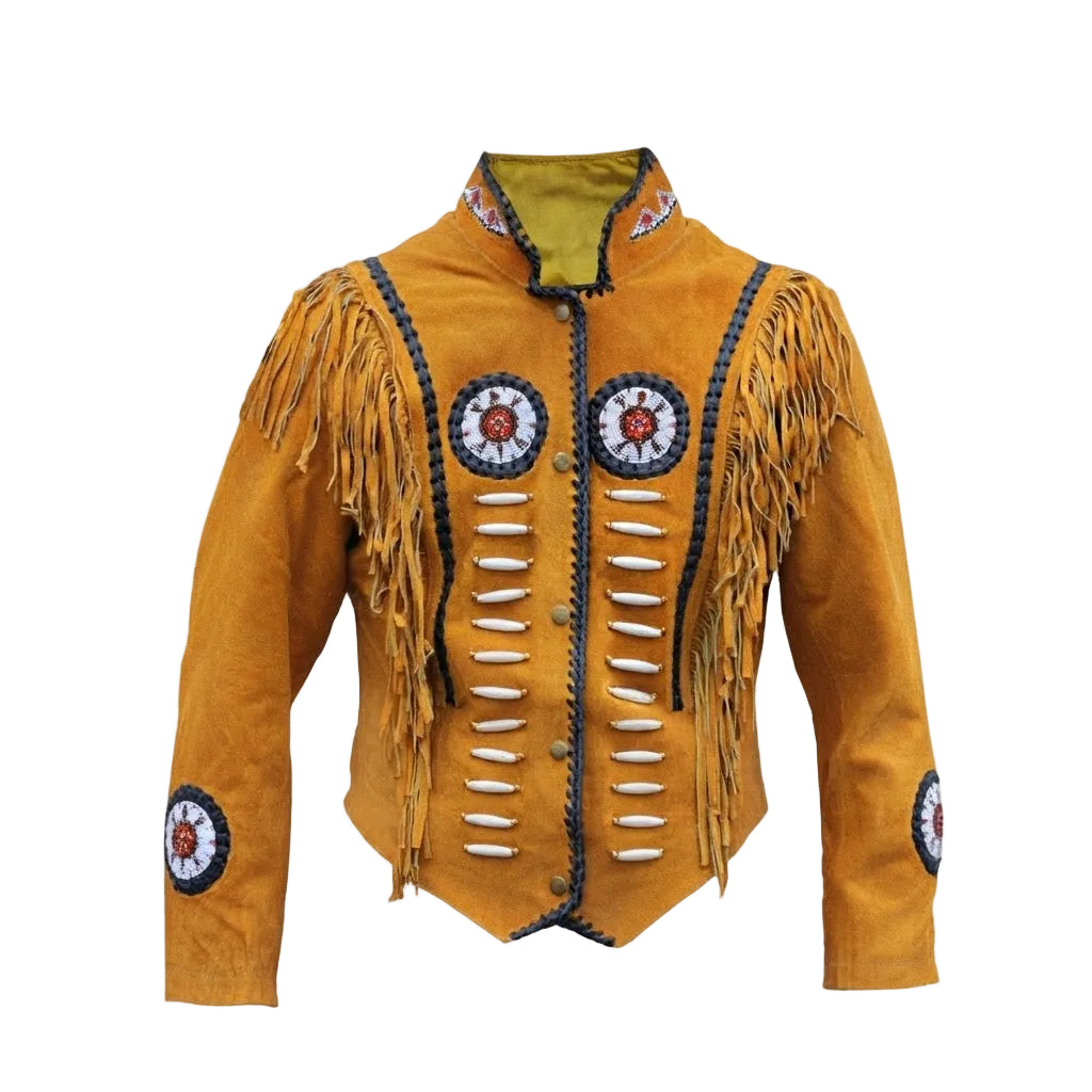 A brown faux suede western-style jacket with black fringe, decorative bead work, and circular emblems on the chest and sleeves, shown against a plain white background.