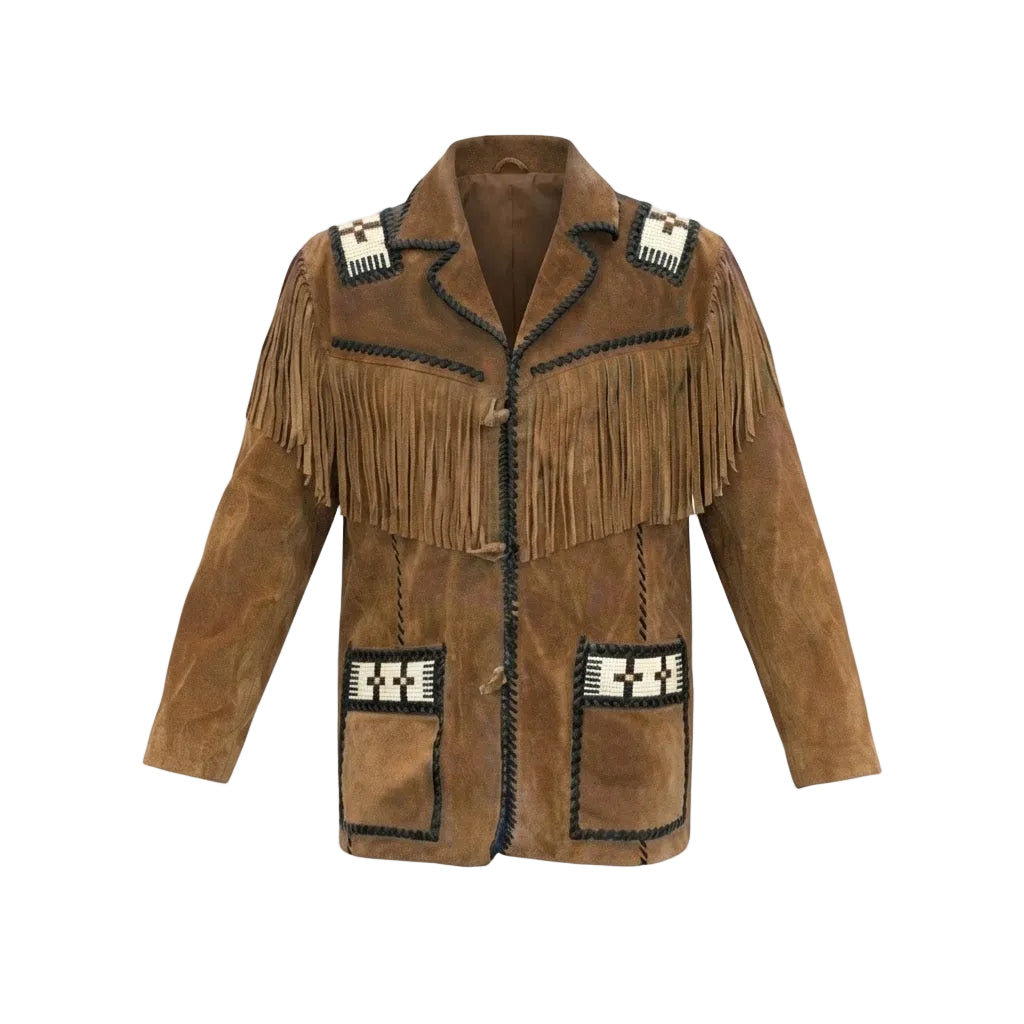 A brown suede fringed jacket with geometric black and white beaded details on the collar, shoulders, and front pockets, displayed against a solid white background.