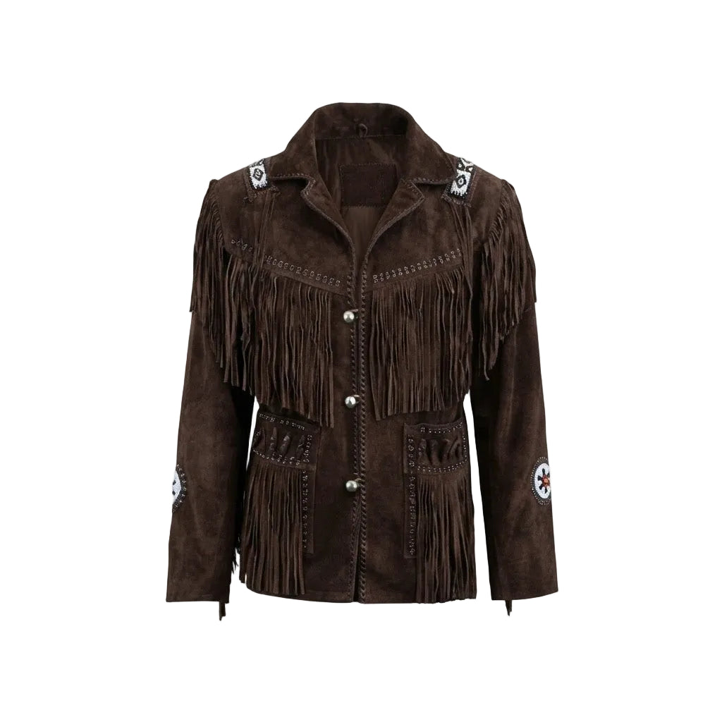 A dark brown suede fringe jacket with silver-toned buttons, decorative silver patches on the shoulders, and embroidered details on the sleeves, shown against a plain white background.