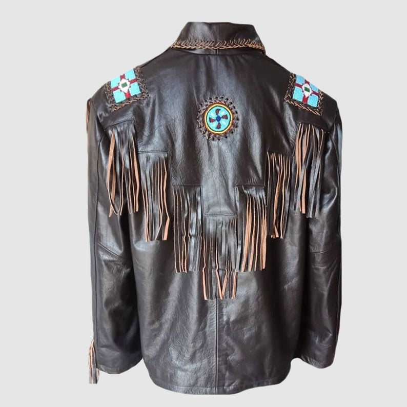 Western Black Fringe Eagle Beaded Leather Jacket Cowboy Jacket LWJ3550