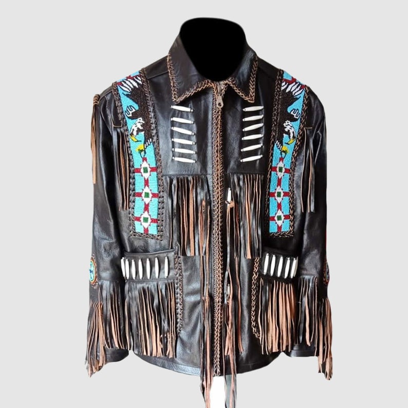 Western Black Fringe Eagle Beaded Leather Jacket Cowboy Jacket LWJ3550