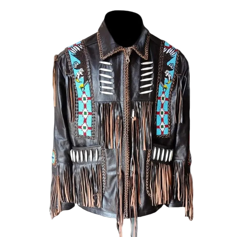 Leather jacket with fringe and colorful patterns on a mannequin against a white background