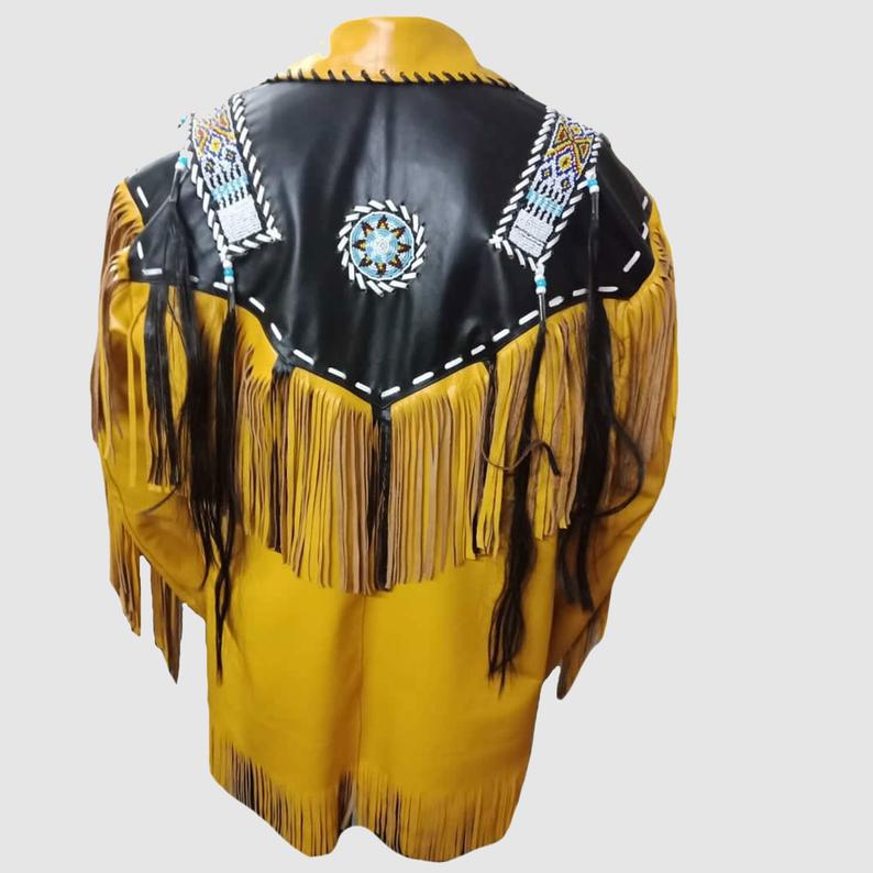 Western Yellow Fringe Beaded Leather Jacket Cowboy Jacket LWJ8770