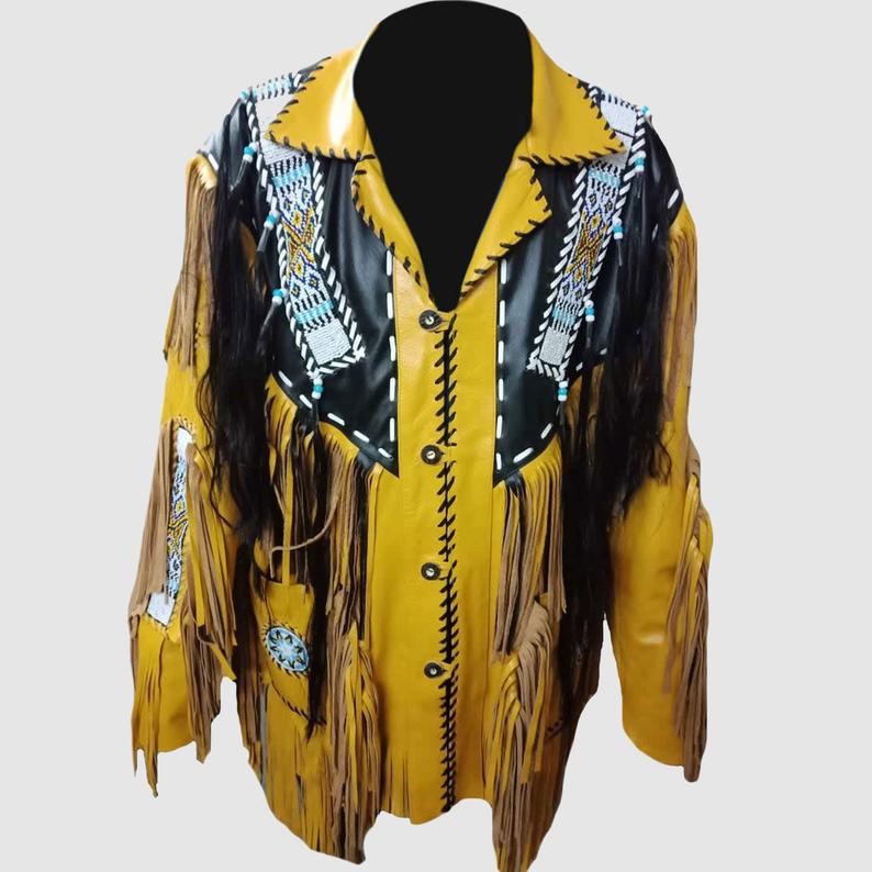 Western Yellow Fringe Beaded Leather Jacket Cowboy Jacket LWJ8770
