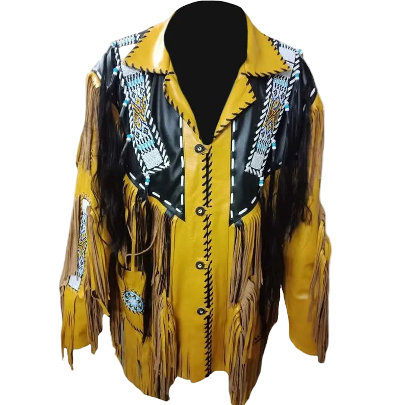 Yellow leather jacket with fringe and decorative elements on a white background