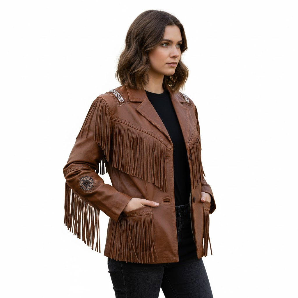 Women’s Western Beige Fringe Leather Jacket WFJ701
