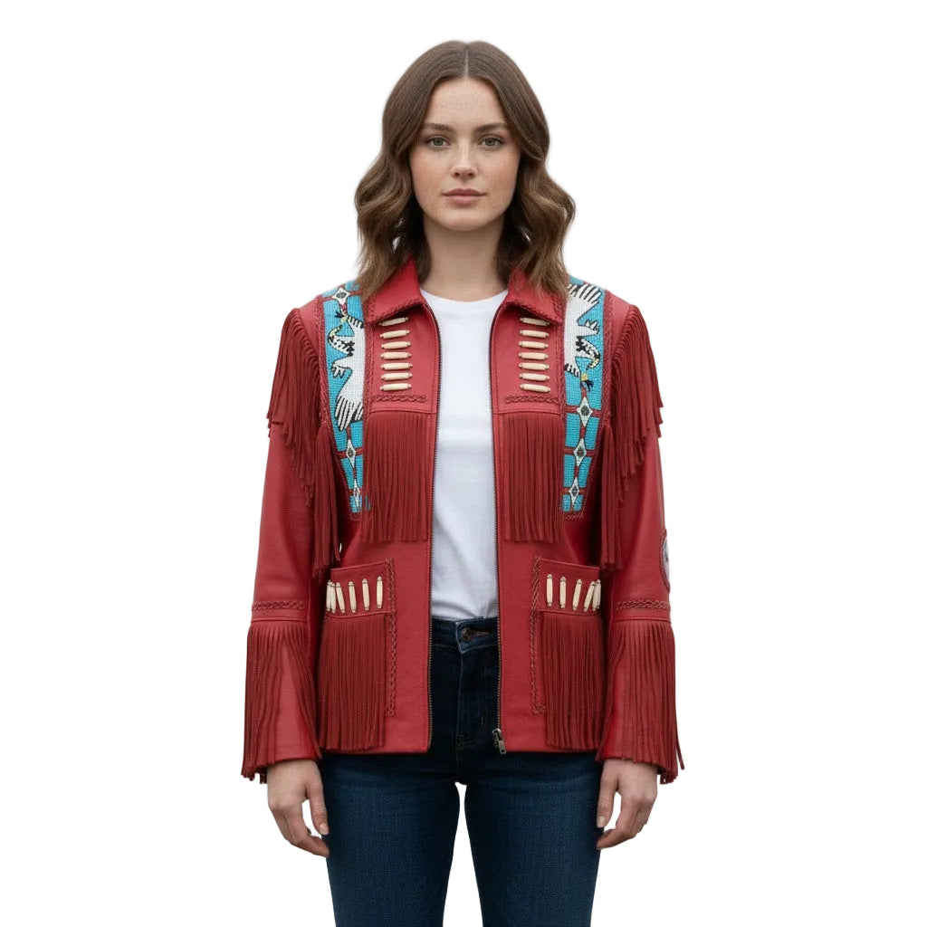 red leather eagle beaded jacket for women