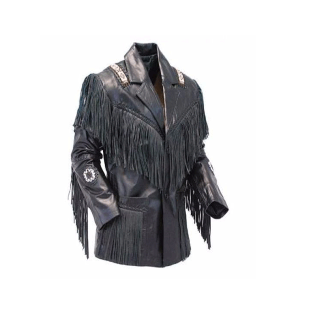 Western Fringe Beaded Jacket Black Leather LWJ351