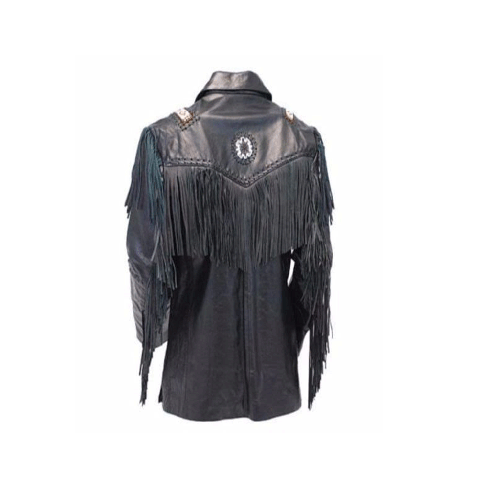 Western Fringe Beaded Jacket Black Leather LWJ351