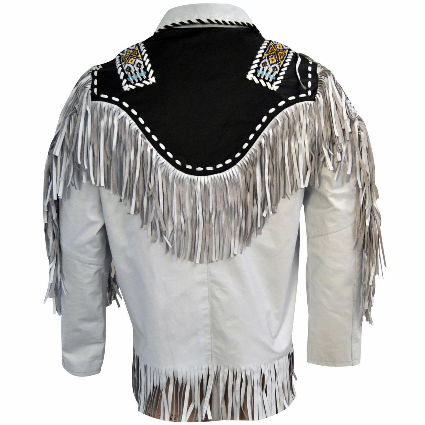 Western White Fringe Beaded Leather Jacket Cowboy Jacket LWJ601