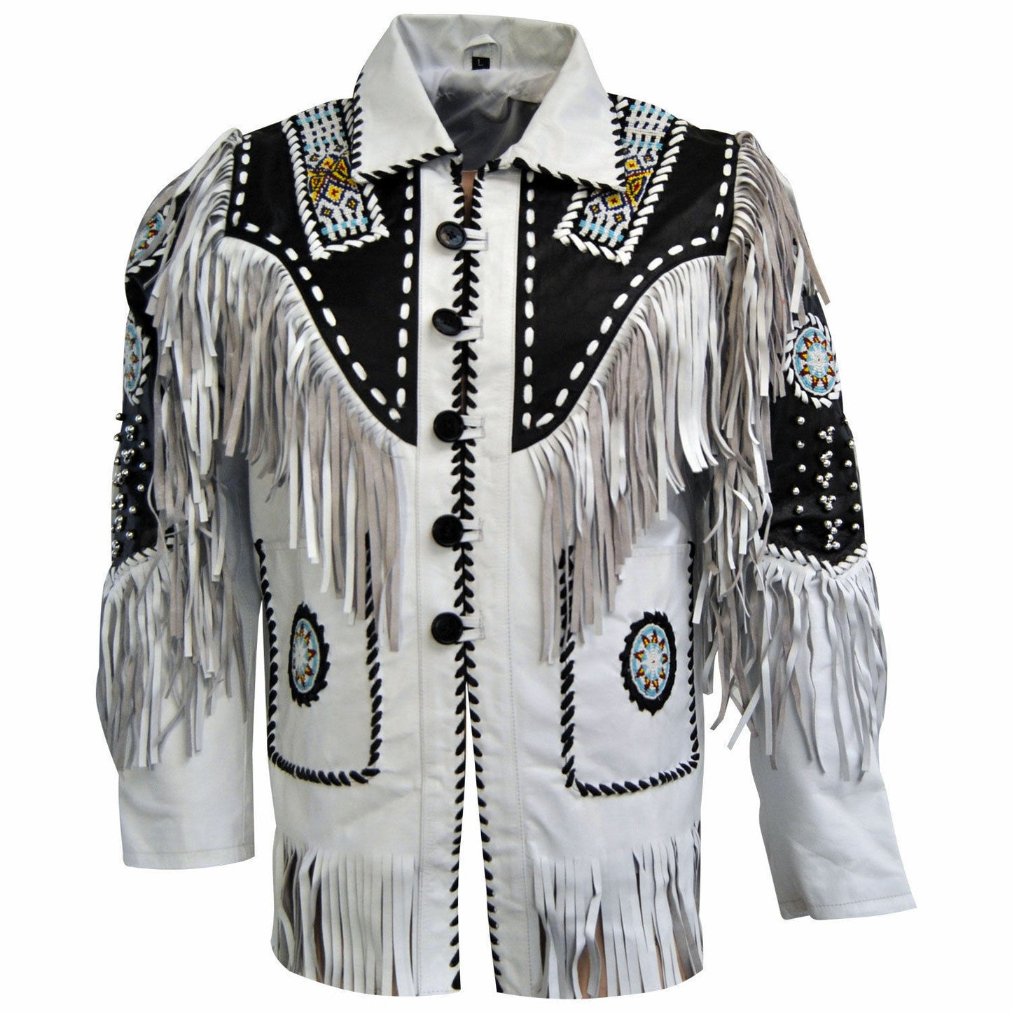 Western White Fringe Beaded Leather Jacket Cowboy Jacket LWJ601