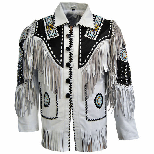 Western White Fringe Beaded Leather Jacket Cowboy Jacket LWJ601