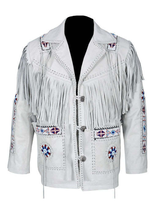 Western White Leather Fringe Beaded Leather Jacket Cowboy Jacket LWJ608