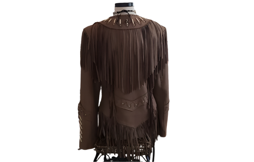 Women’s Western Fringe Bone Work Leather Brown Jacket WFJ786