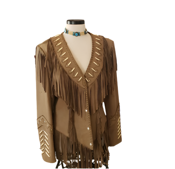 Women’s Western Fringe Bone Work Leather Brown Jacket WFJ786