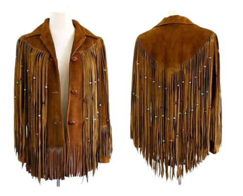 Women’s Western Long Fringe With Beads Leather Brown Jacket WFJ7530