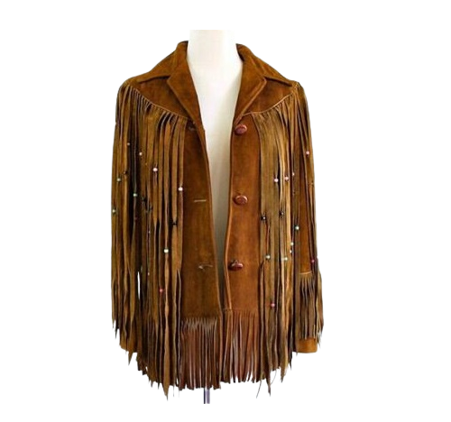 Women’s Western Long Fringe With Beads Leather Brown Jacket WFJ7530