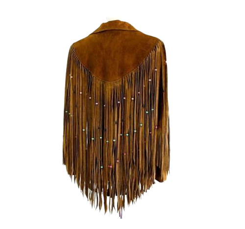 Women’s Western Long Fringe With Beads Leather Brown Jacket WFJ7530