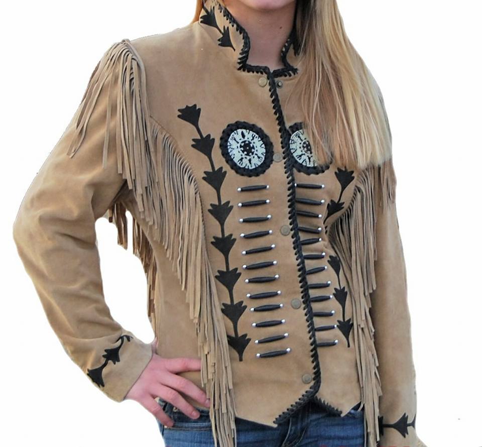 Women’s Western Beige Beaded Bone Fringe Suede Leather Jacket WFJ9800