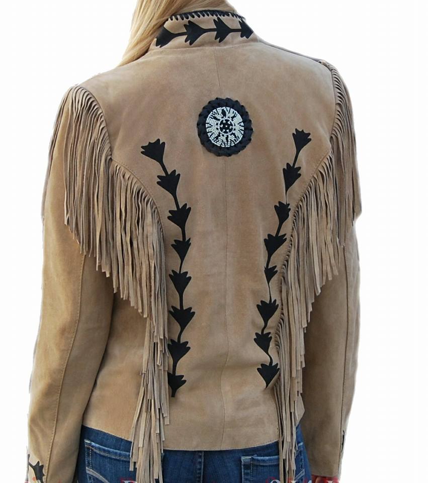 Women’s Western Beige Beaded Bone Fringe Suede Leather Jacket WFJ9800