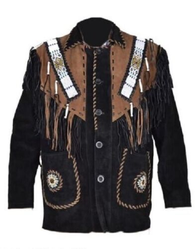 Western Black Suede Leather Fringe Beaded Jacket Cowboy Jacket LWJ382