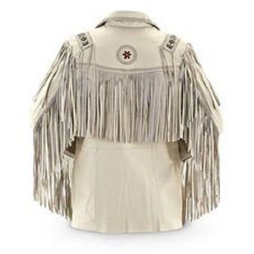 Western Beige Leather Fringe Beaded Jacket Cowboy Jacket LWJ201