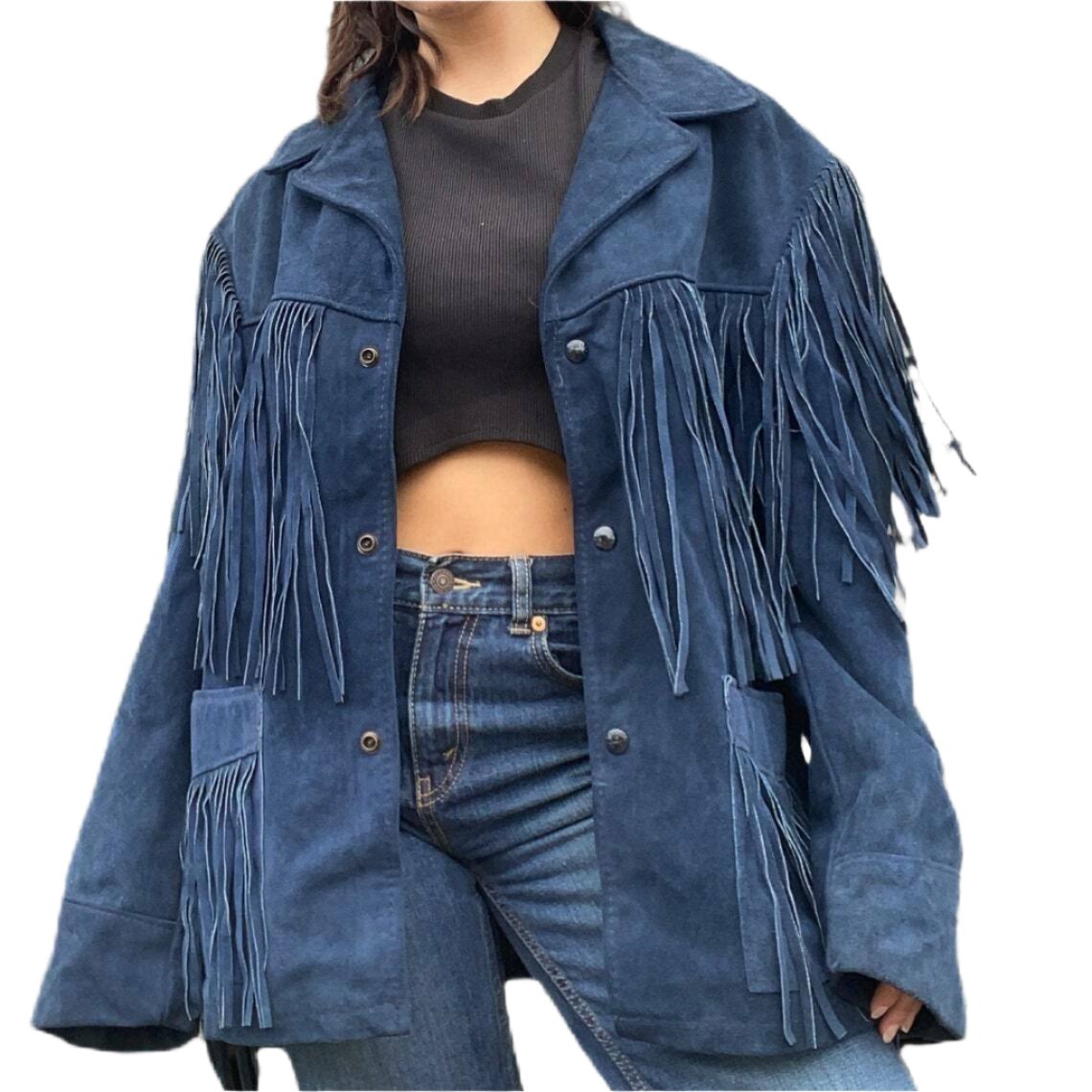 Women’s Western Blue Fringe Suede Leather Jacket WFJ10400