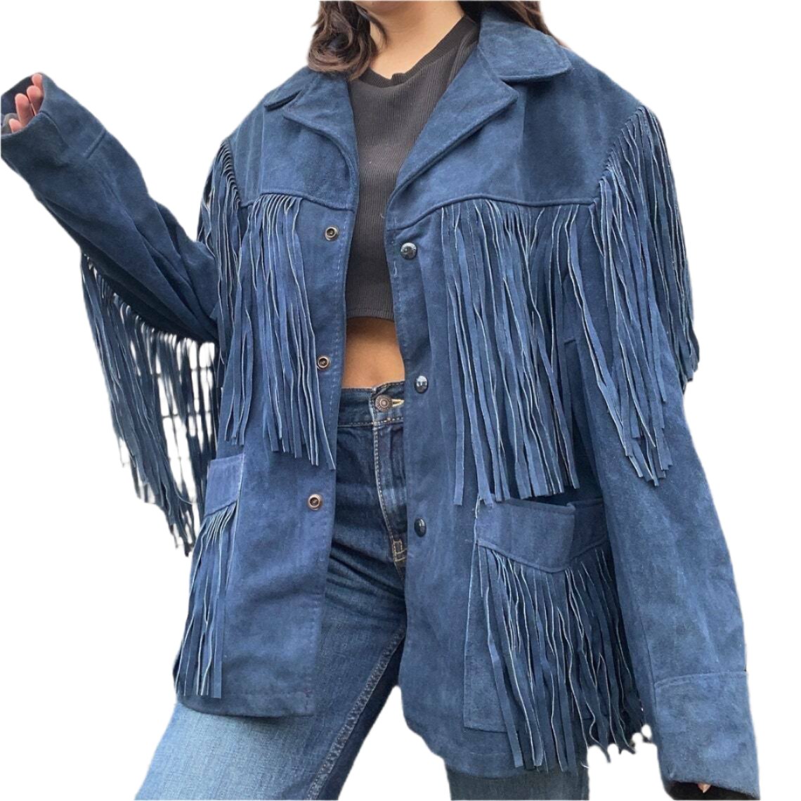 Women’s Western Blue Fringe Suede Leather Jacket WFJ10400