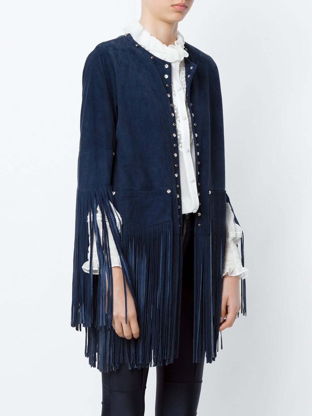 Women’s Western Blue Fringe Silver Studed Suede Leather Jacket WFJ10440