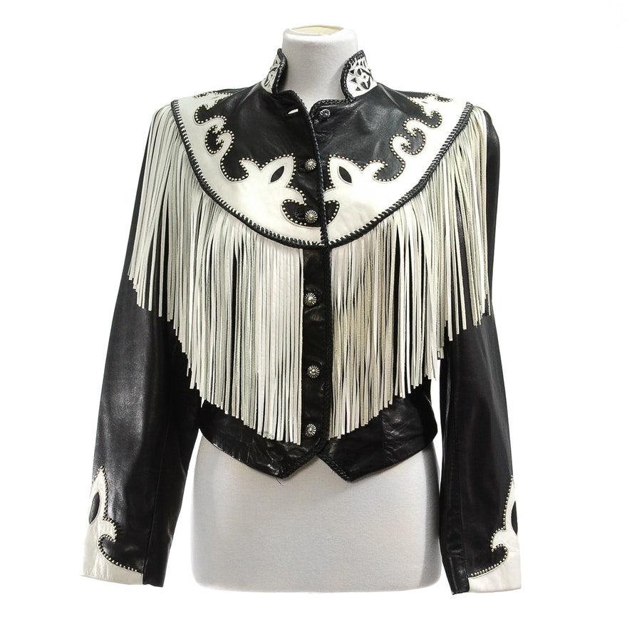 Women’s Western Black Silver Studed Fringe Leather Jacket WFJ9310