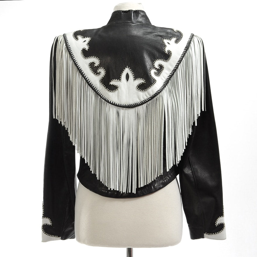 Women’s Western Black Silver Studed Fringe Leather Jacket WFJ9310