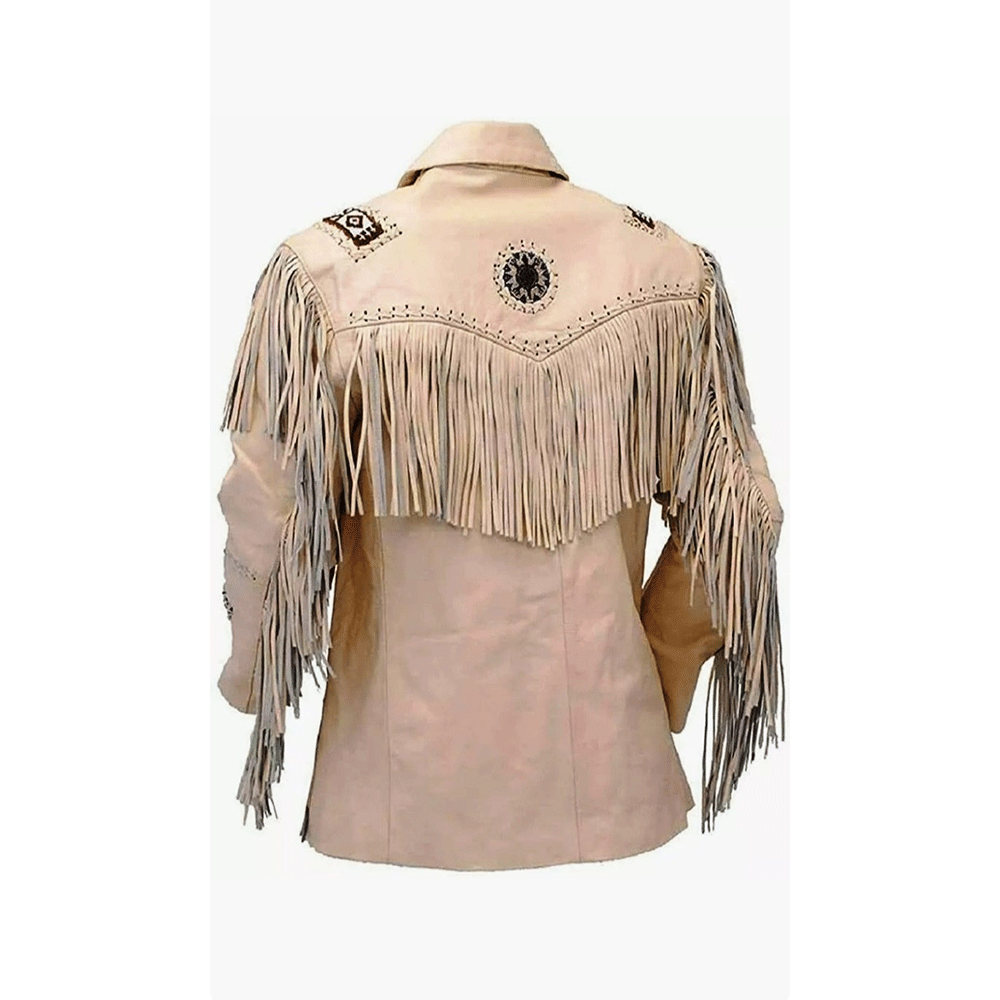 Western Fringe Beaded Jacket Beige Leather Jacket WJ501