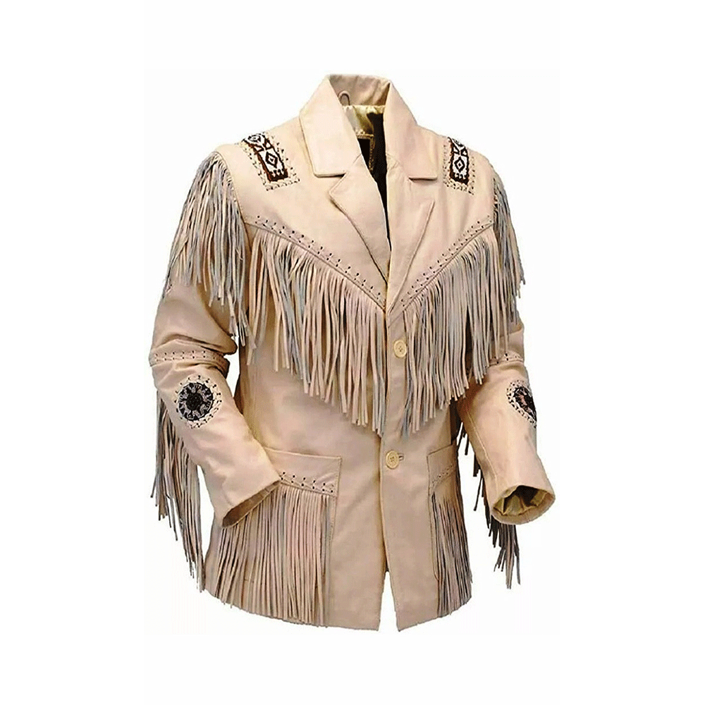 Western Fringe Beaded Jacket Beige Leather Jacket WJ501