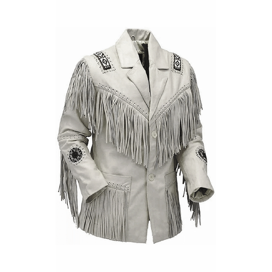Western White Leather Fringe Beaded Leather Jacket Cowboy Jacket LWJ604