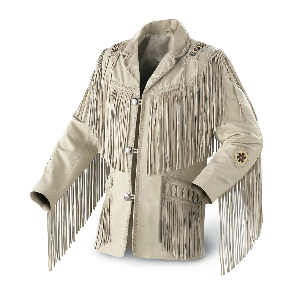 Western Beige Leather Fringe Beaded Jacket Cowboy Jacket LWJ201