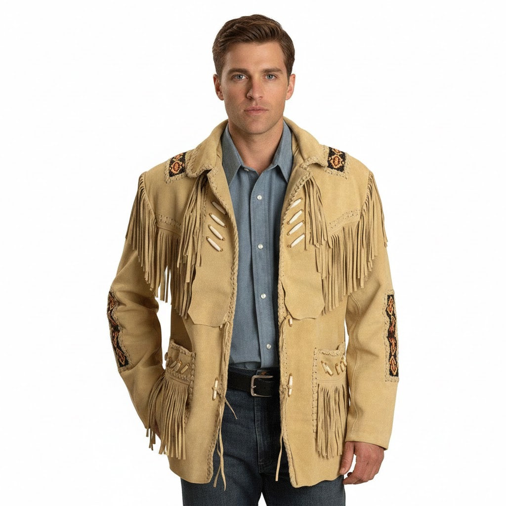 Man wearing a beige fringed jacket with decorative elements on a white background