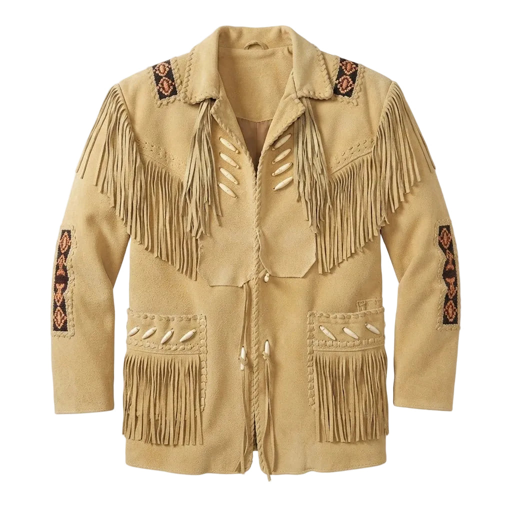 A beige suede fringed jacket with geometric embroidered details on the shoulders, sleeves, and pockets, displayed against a plain white background.