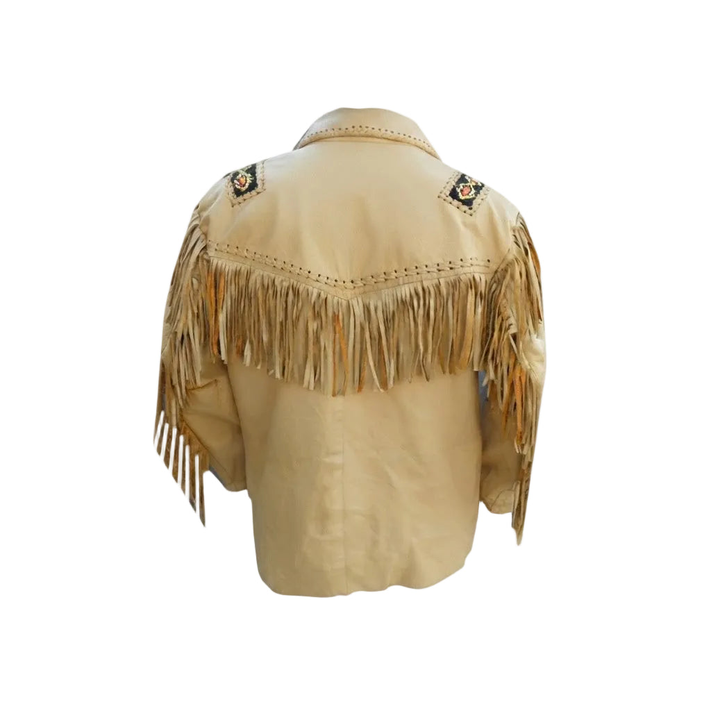A beige leather fringe jacket shown from the back, featuring long hanging fringe across the shoulders and decorative embroidered patches on the upper back.