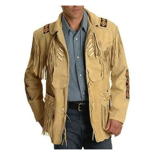 Western Beige Fringe Bone Beaded Leather Jacket Cowboy Jacket LWJ5130