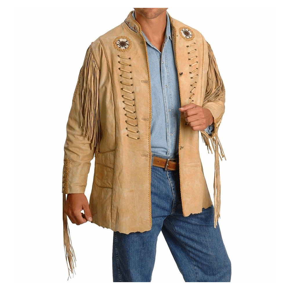 Western Beige Fringe Beaded Leather Jacket Cowboy Jacket WJ1190