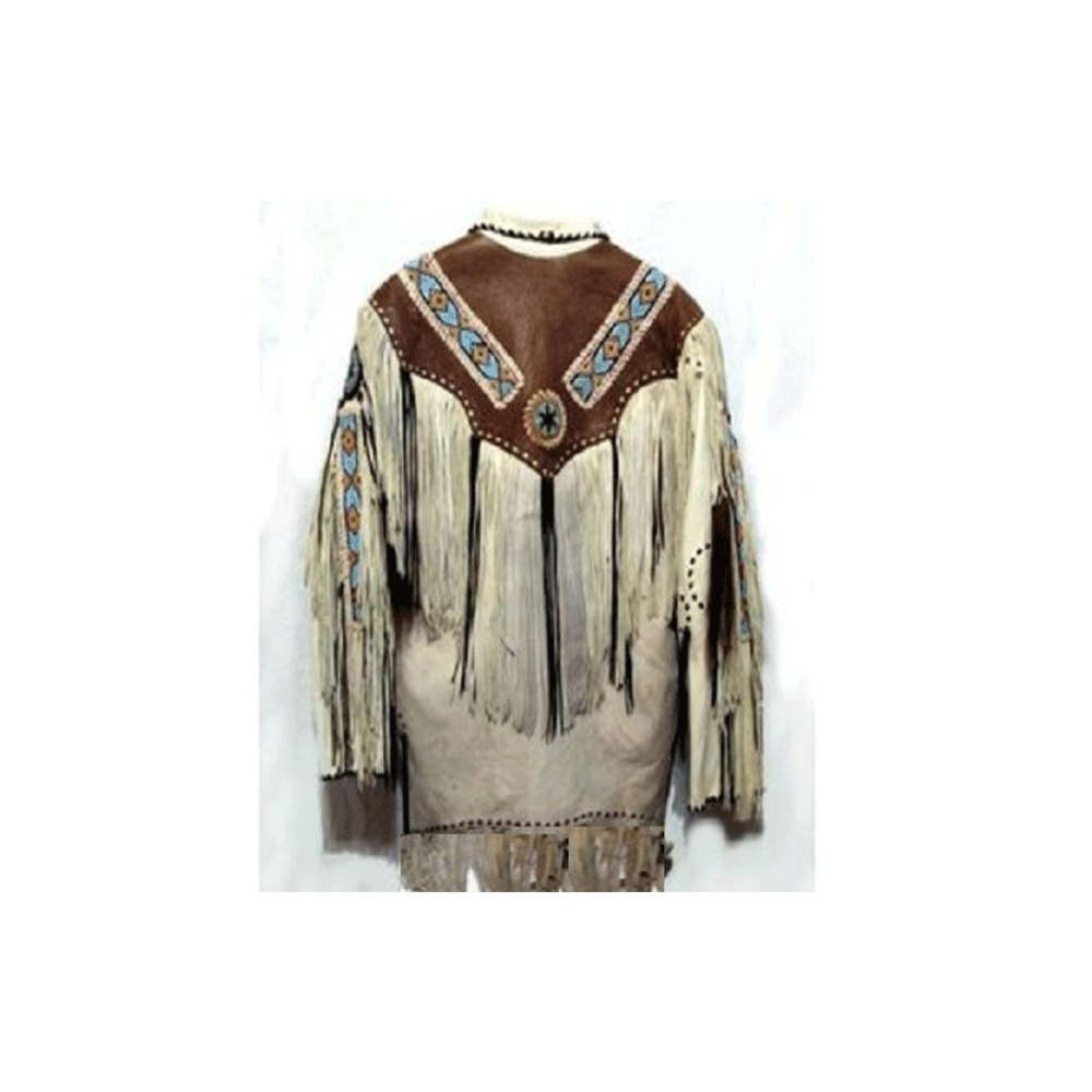 Western Beige Leather Fringe Beaded Jacket LWJ510