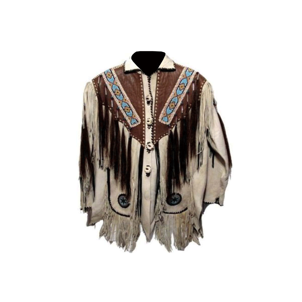 Western Beige Leather Fringe Beaded Jacket LWJ510