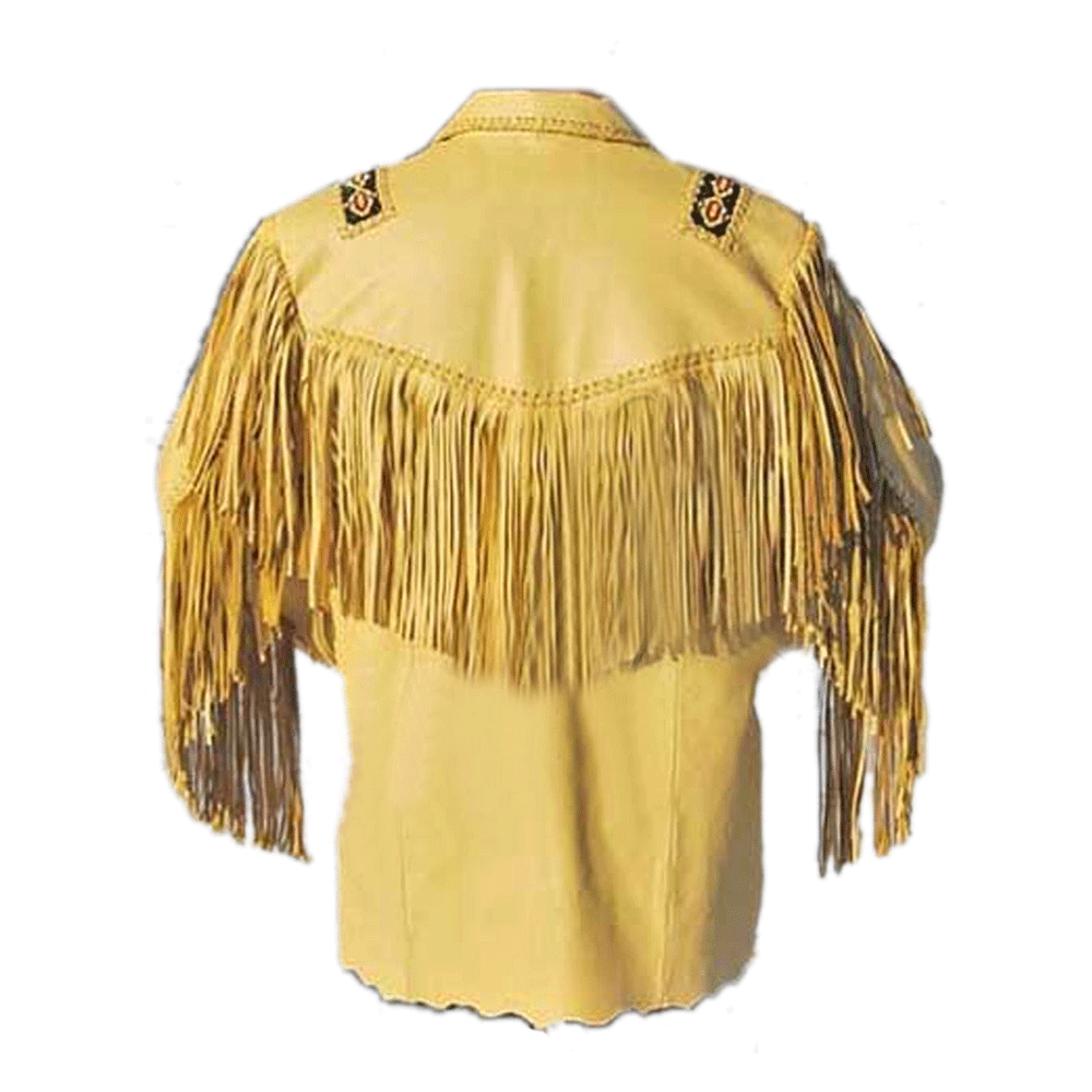 Western Beige Leather Fringe Beaded Jacket LWJ509