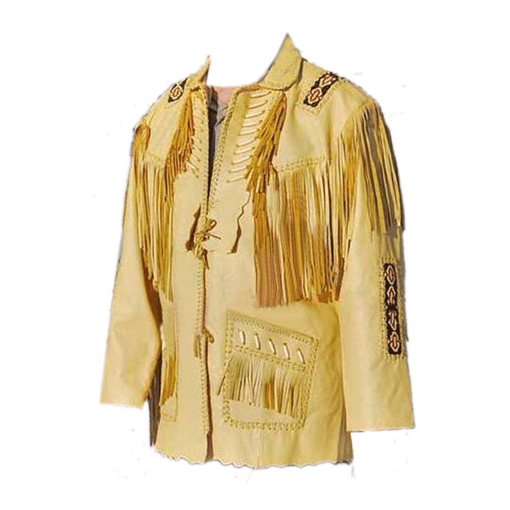 Western Beige Leather Fringe Beaded Jacket LWJ509