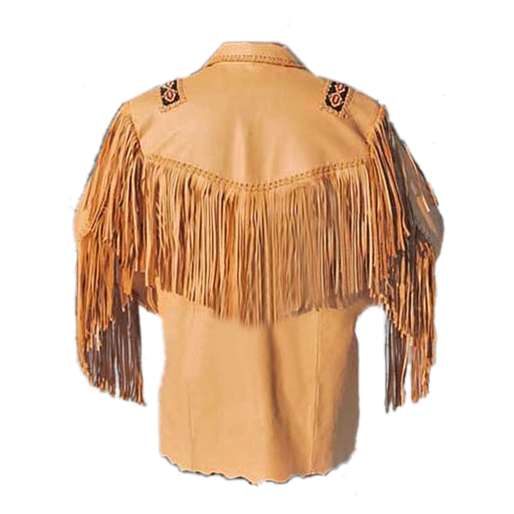 Western Beige Leather Fringe Beaded Jacket LWJ508