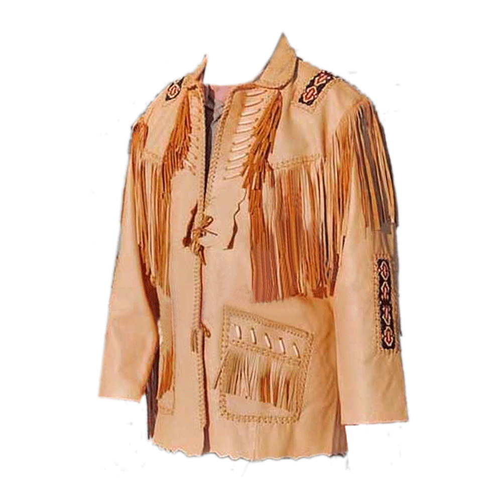 Western Beige Leather Fringe Beaded Jacket LWJ508