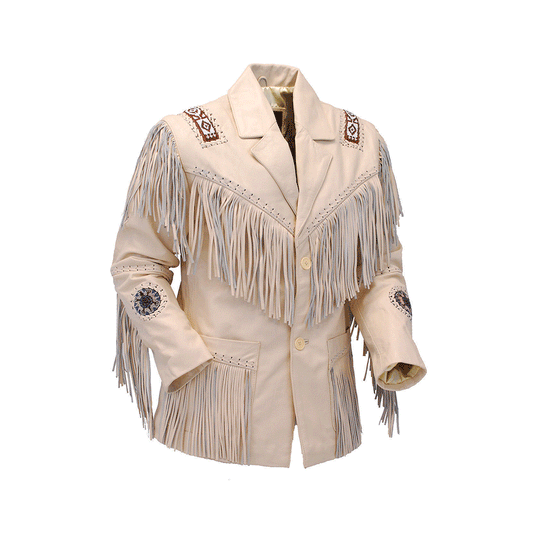 Western Beige Fringe Beaded Leather Jacket Cowboy Jacket WJ501
