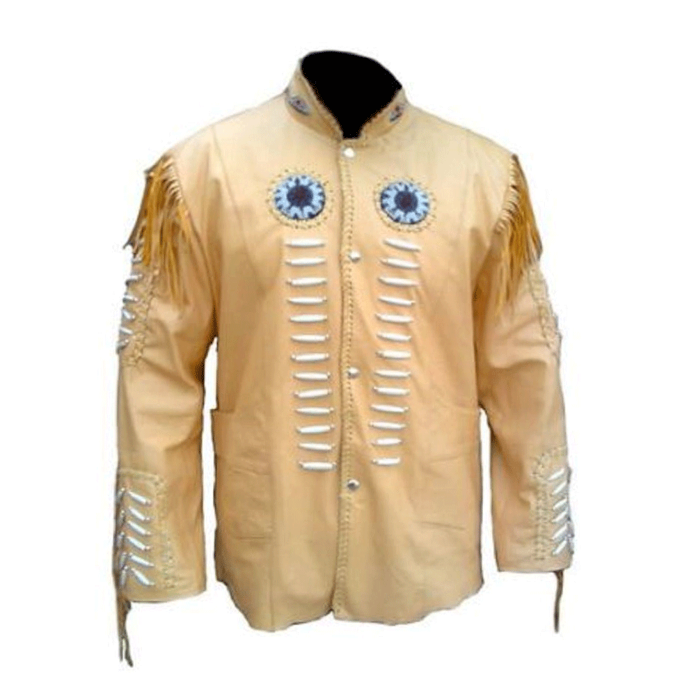 Western Beige Leather Fringe Bone Beaded Jacket LWJ511