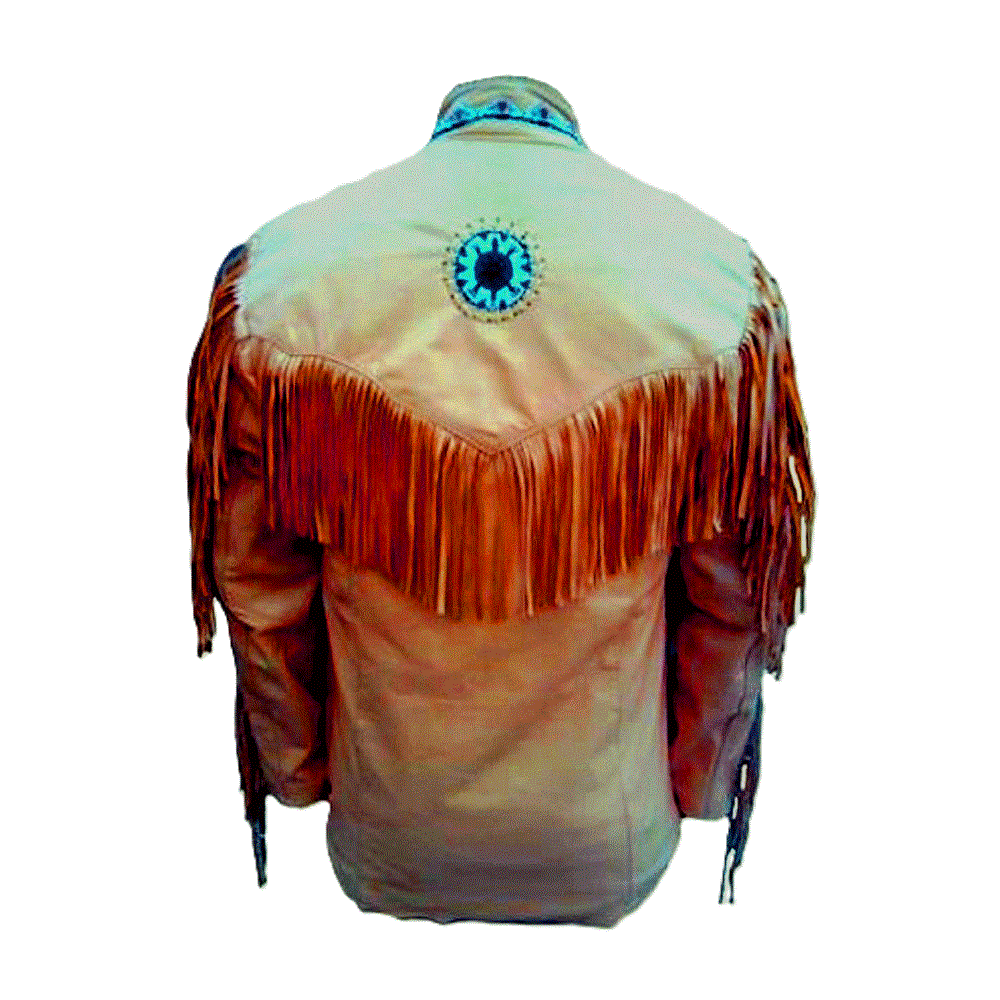 Western Beige Leather Fringe Bone Beaded Jacket LWJ511